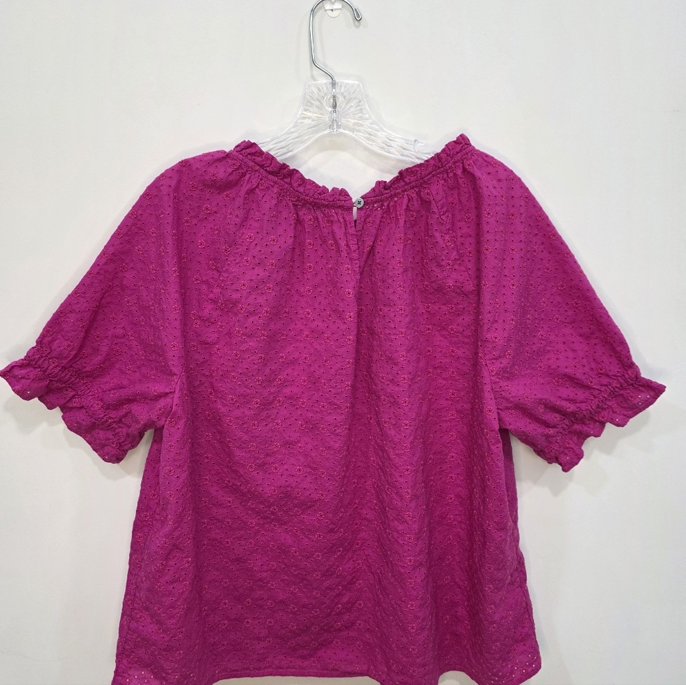 LOFT Raspberry Eyelet Ruffle Top Blouse Women's Large Pink Cotton Short Sleeve - Picture 4 of 5
